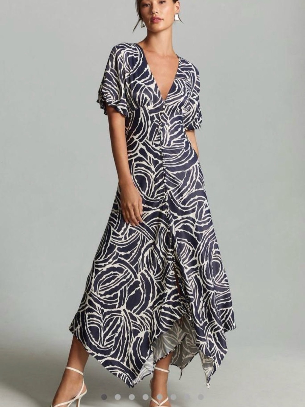 Anthropologie Navy and Cream Swirl Print Handkerchief Hem Dress